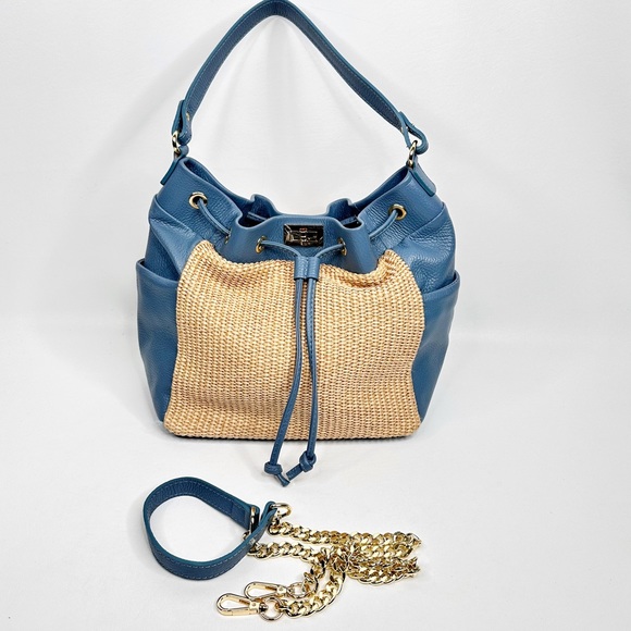 Unica Firenze NEW Italian Leather + Straw Bag Purse Sky Blue - Picture 8 of 16